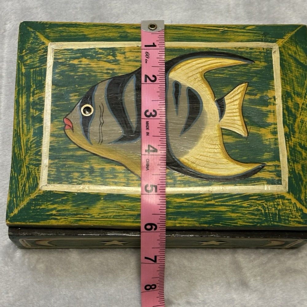 Vintage Hinged Wooden Box Hand Painted Fish Moon & Stars Green Colorful - Picture 12 of 14